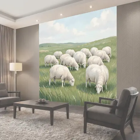 Фотообои Белые овцы на зеленом лугу