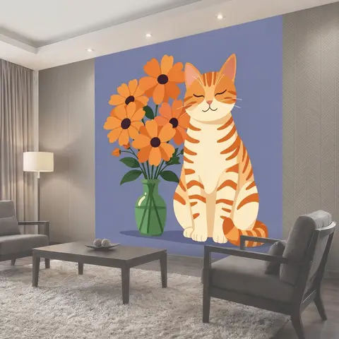 Фотообои Улыбающийся рыжий кот с цветами