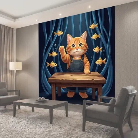 Фотообои Котенок среди золотых рыбок