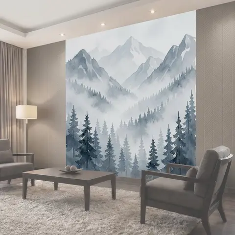 Фотообои Горный лес в тумане акварель