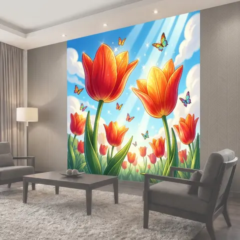 Фотообои Яркие тюльпаны и бабочки