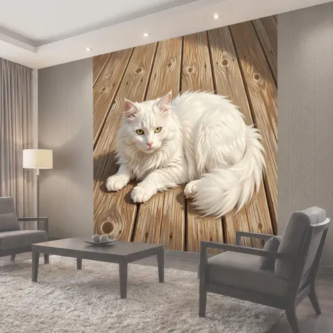Фотообои Белоснежный кот на деревянном полу