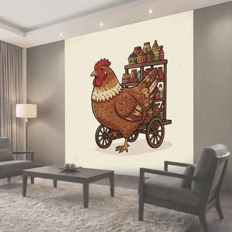 Фотообои Курица с тележкой банок и сластей