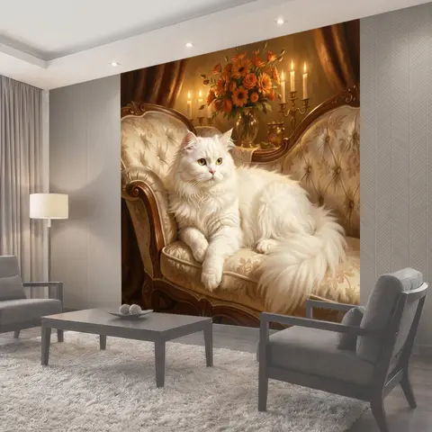 Фотообои Белый пушистый кот в интерьере