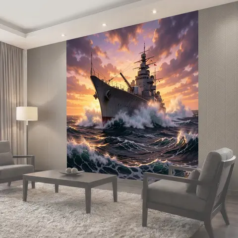 Фотообои Военный корабль в штормовом море