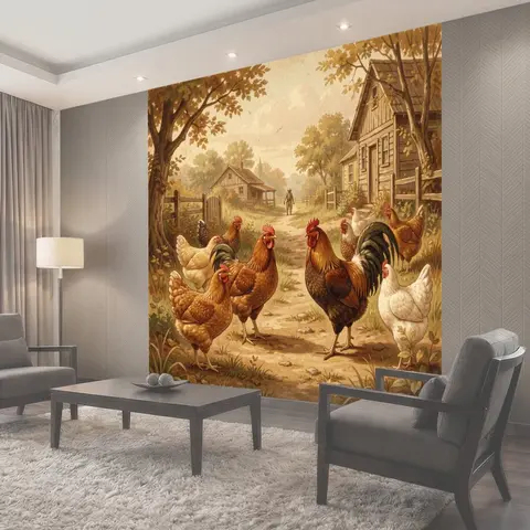 Фотообои Петухи и куры на деревенской улице