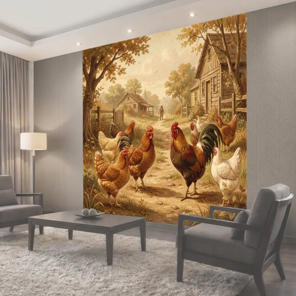 Фотообои Петухи и куры на деревенской улице