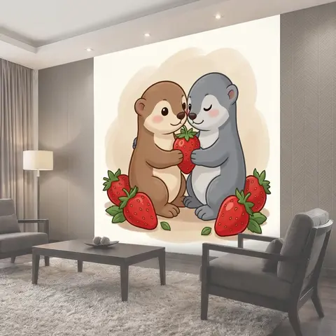 Фотообои Два милых зверька с клубникой