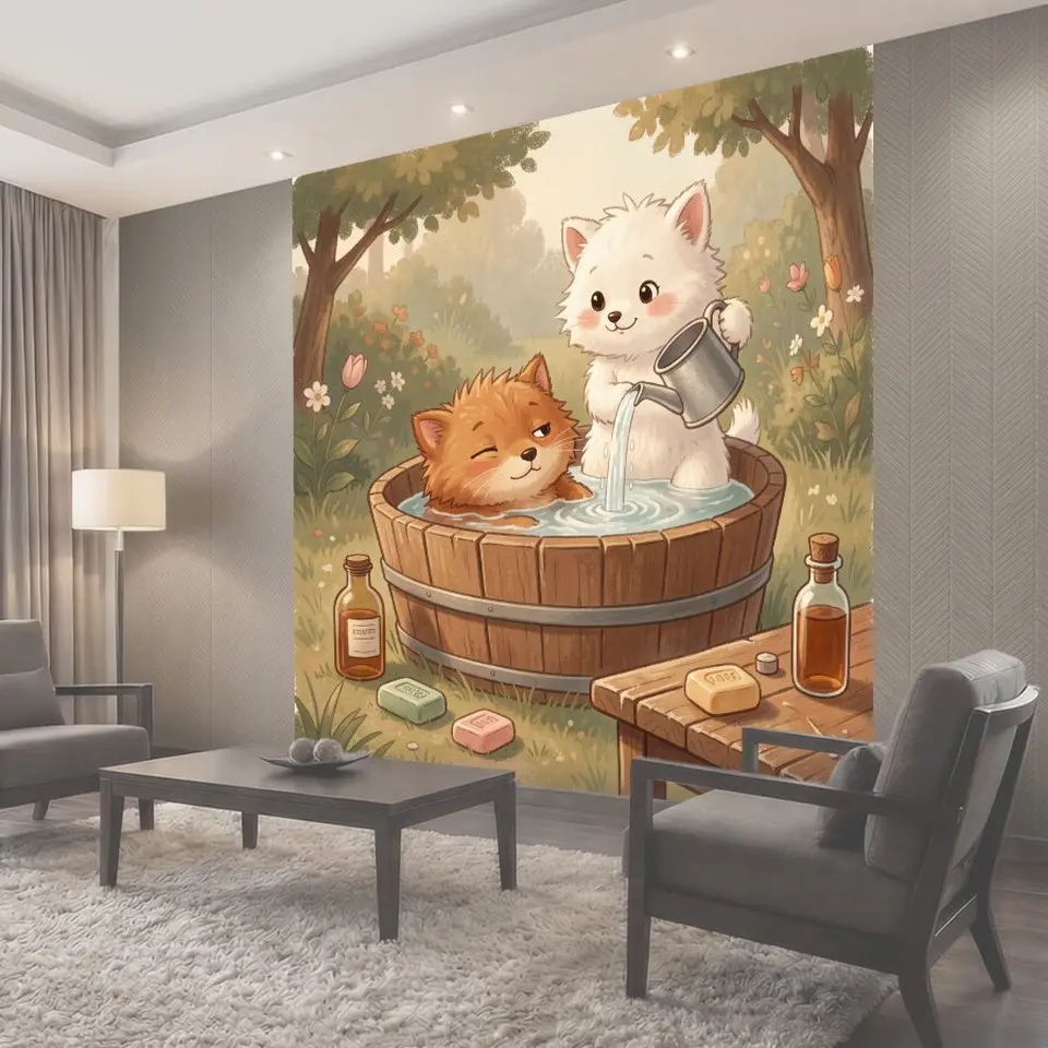 Фотообои Котята в деревянной купели