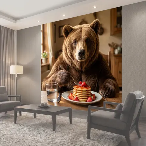 Фотообои Медведь с блинчиками и клубникой