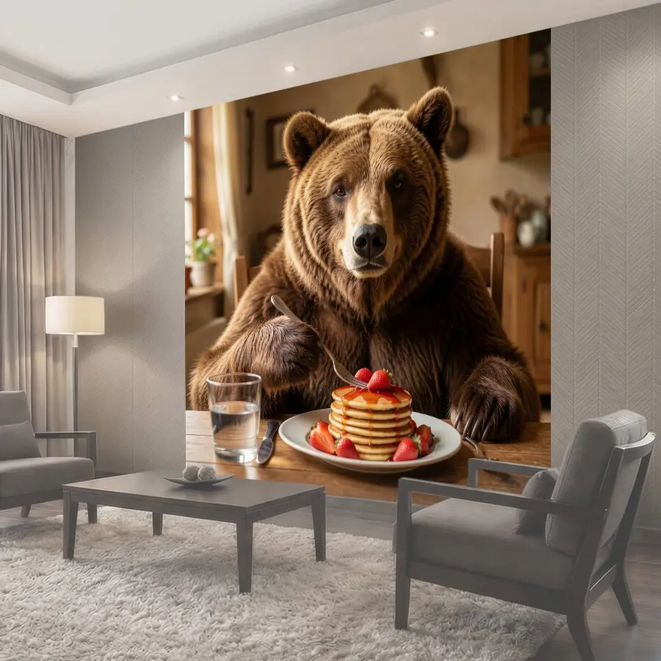 Фотообои Медведь с блинчиками и клубникой