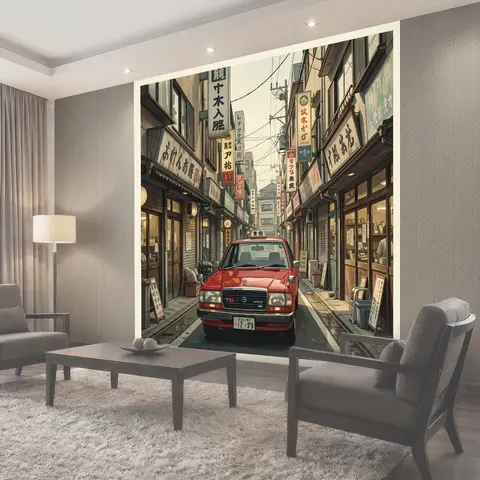 Фотообои Уличная сцена с красным авто