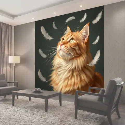 Фотообои Рыжий кот с перьями