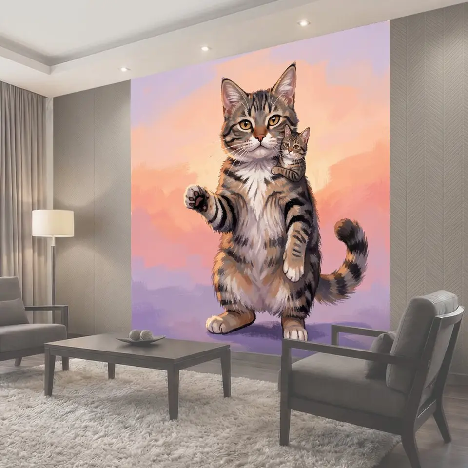 Фотообои Полосатая кошка с котёнком на плече