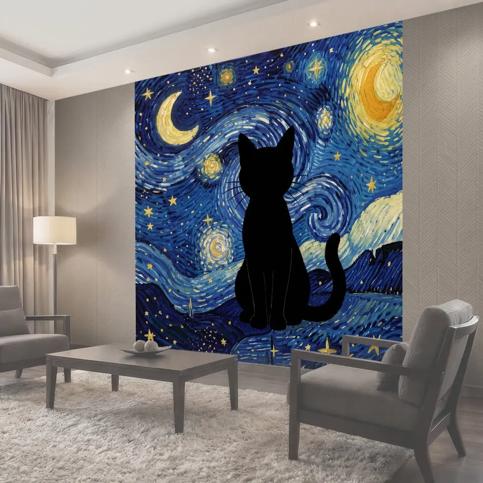 Фотообои Чёрный кот на фоне звездной ночи