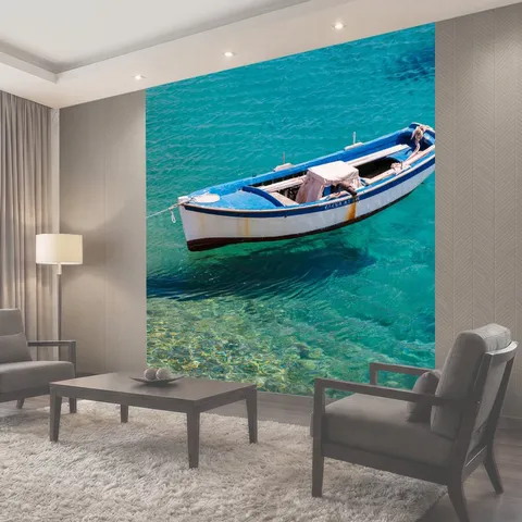 Фотообои Синий белый катер Небольшой рыбацкой лодке в море