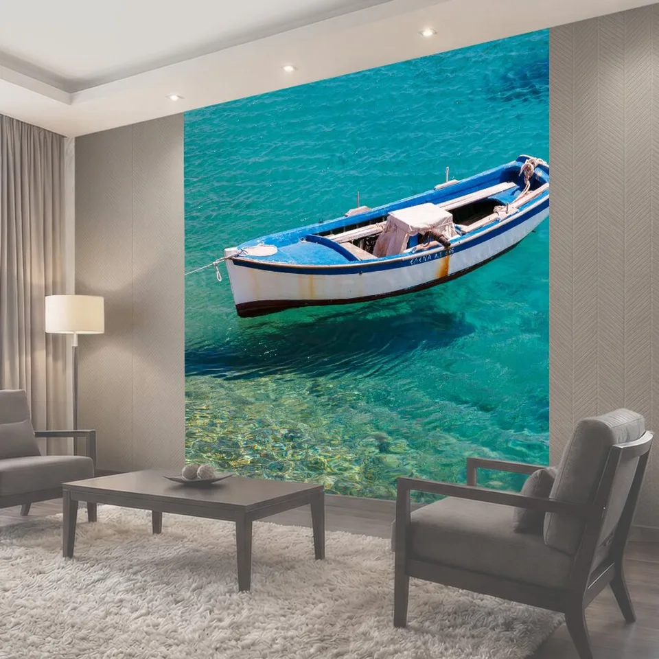 Фотообои Синий белый катер Небольшой рыбацкой лодке в море