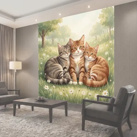 Фотообои Три кота на цветочной поляне