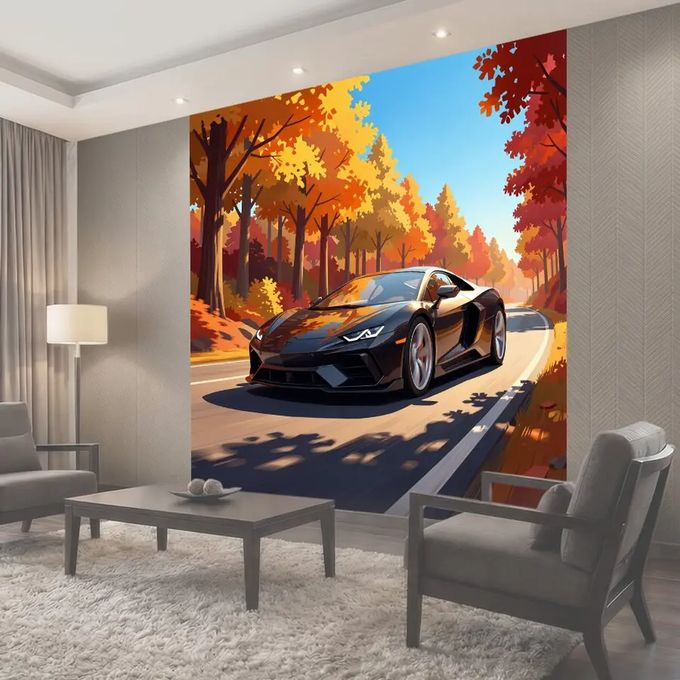 Фотообои Спортивный автомобиль в осеннем лесу