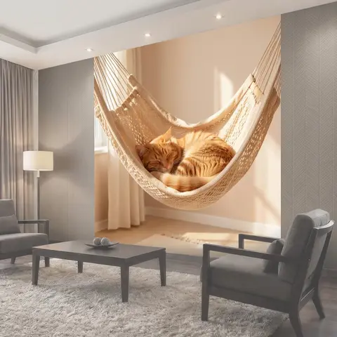 Фотообои Спящий рыжий кот в гамаке