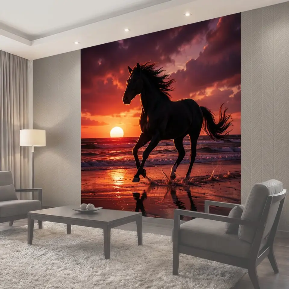 Фотообои Чёрный конь на закате у моря