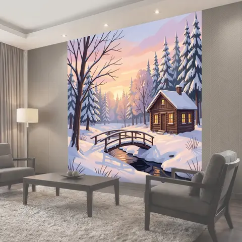 Фотообои Зимний лес с домиком и мостиком