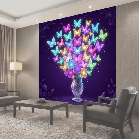 Фотообои Светящиеся бабочки и цветы в вазе