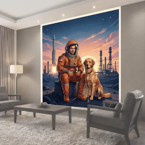 Фотообои Космонавт и золотистый ретривер