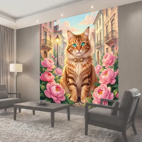 Фотообои Рыжий кот среди пионов