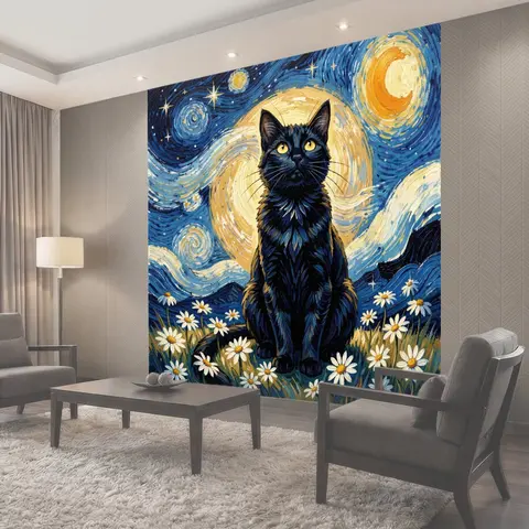Фотообои Черный кот под звездным небом