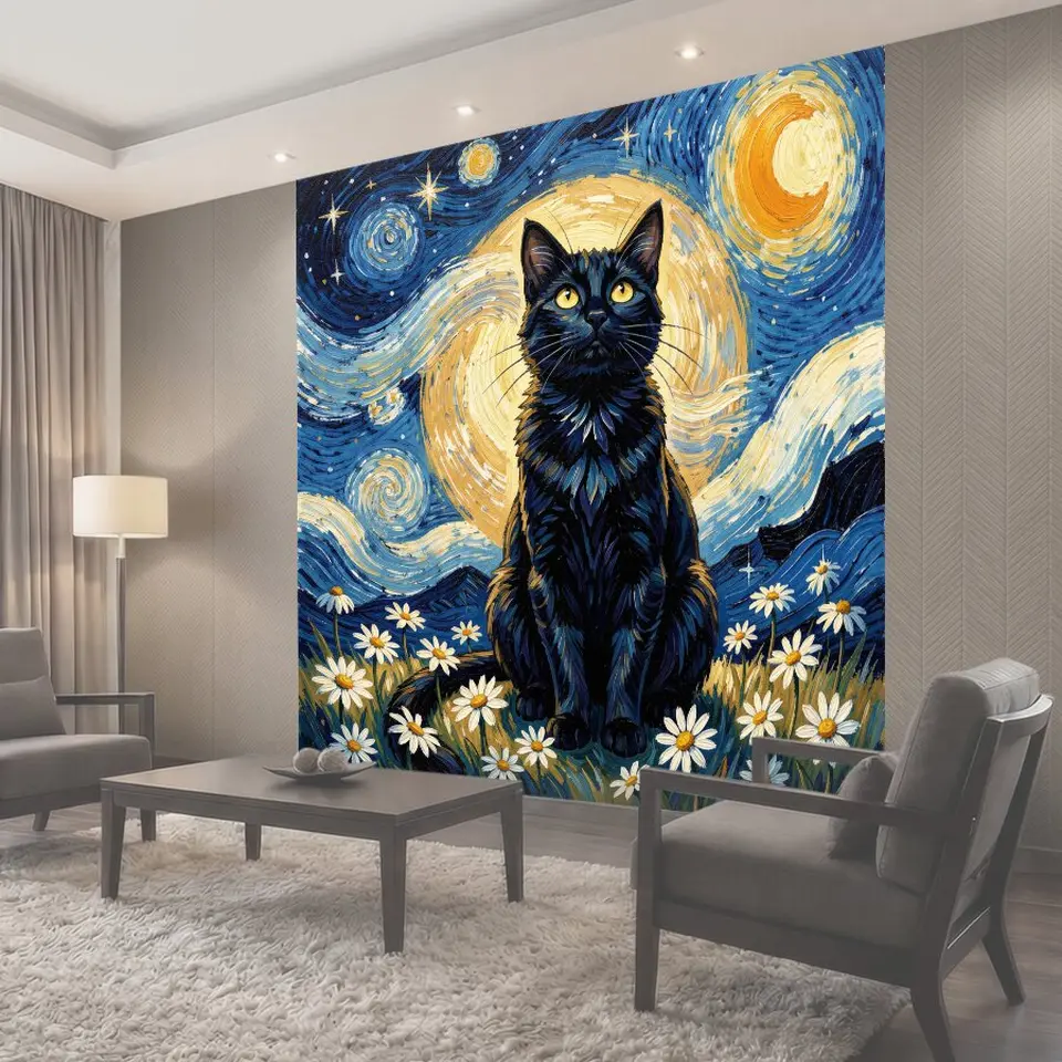 Фотообои Черный кот под звездным небом