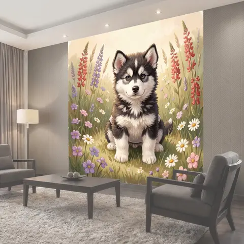 Фотообои Щенок хаски в цветущем поле