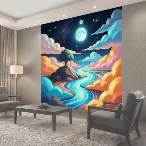 Фотообои Фантазийный ночной пейзаж с луной