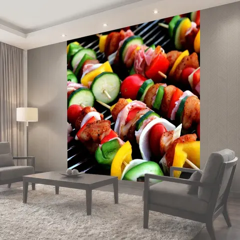 Фотообои Шашлык, овощной шашлык, мясные продукты