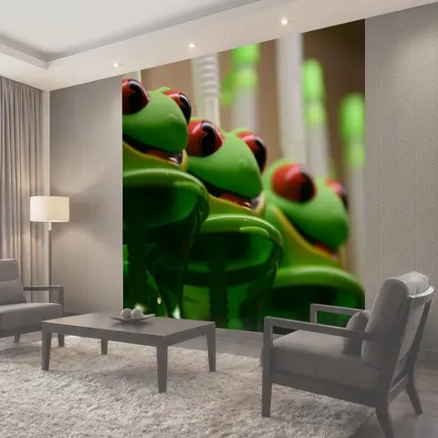 Фотообои Ряд лягушек Ярко-зеленые улыбающиеся лягушки подряд