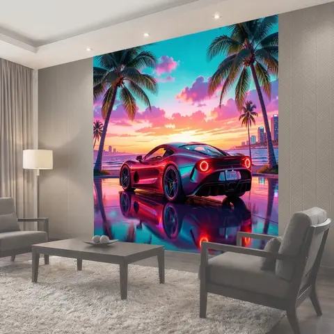 Фотообои Спортивный автомобиль у тропического заката