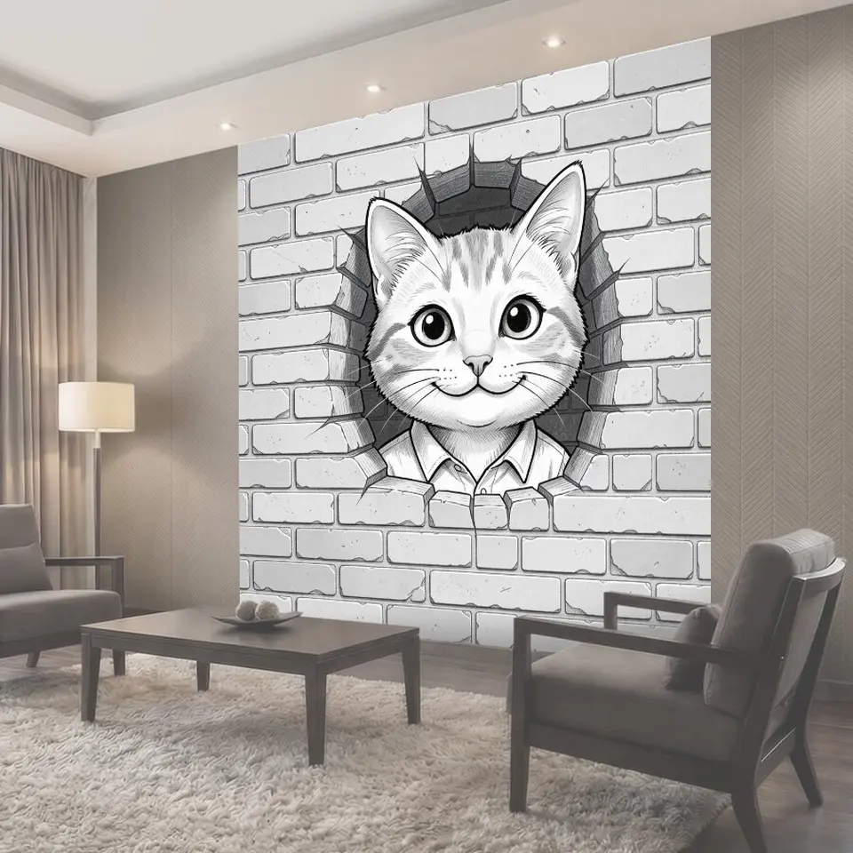 Фотообои Улыбающийся кот в кирпичной стене