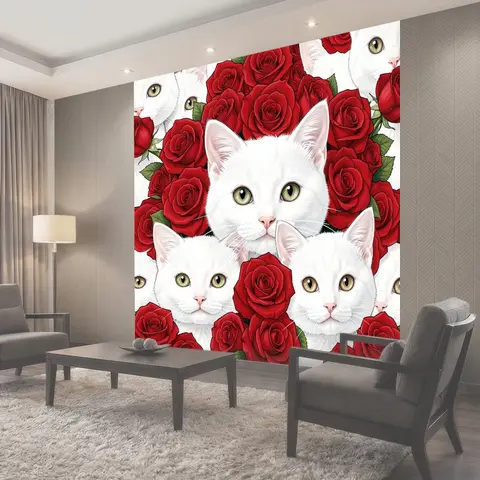 Фотообои Белые коты среди красных роз