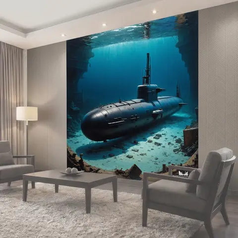 Фотообои Военная подводная лодка, стоящая на дне моря среди старинных артефактов и обломков