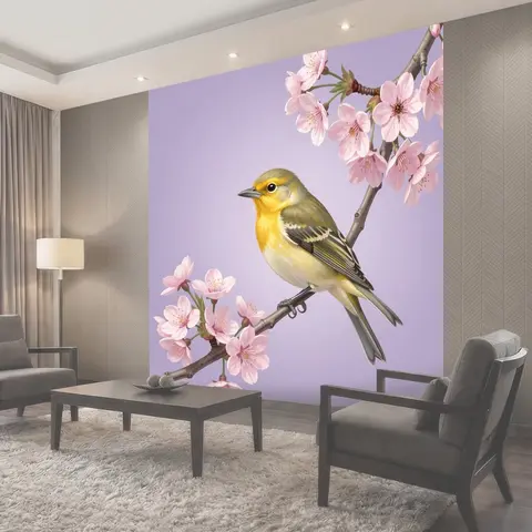 Фотообои Птица на цветущей ветке сакуры