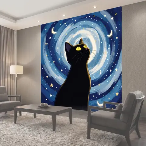 Фотообои Черный кот под звездным небом