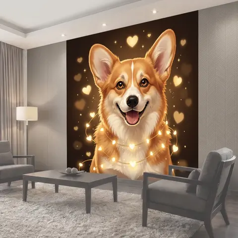 Фотообои Улыбающийся корги с гирляндой