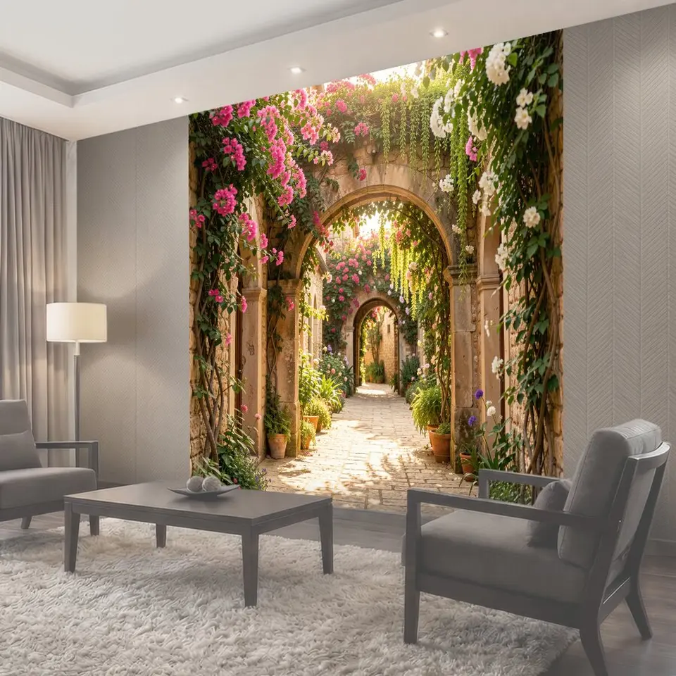 Фотообои Цветущая арка в каменном дворике