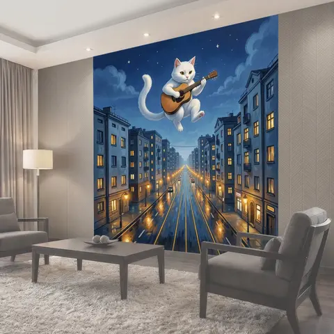 Фотообои Летающий кот с гитарой ночью