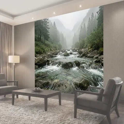 Фотообои Туманная горная река с водопадами