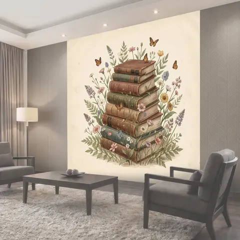Фотообои Стопка книг среди полевых цветов
