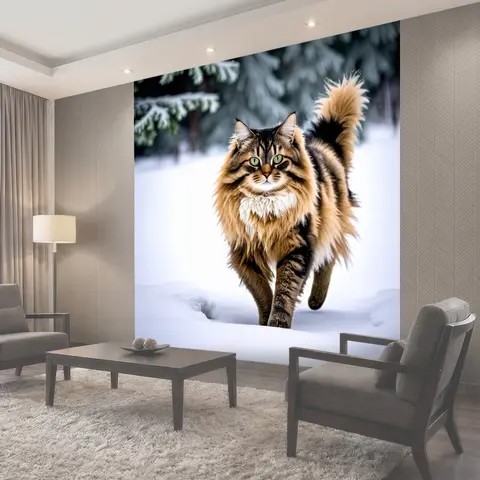 Фотообои Кошка с длинной шерстью, гуляющая по снегу