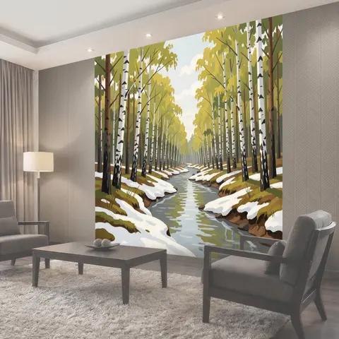 Фотообои Березовая роща с ручьем