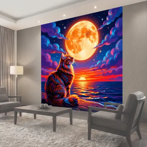Фотообои Кот у моря под луной