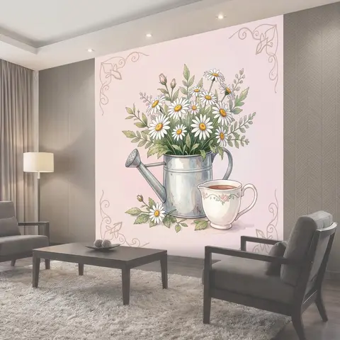 Фотообои Ромашки в лейке и чашке
